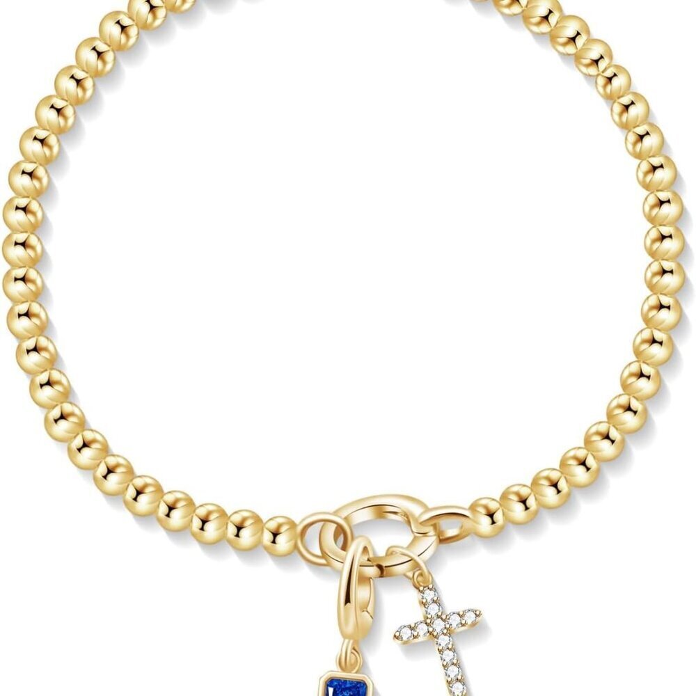 Cross Birthstone Bracelet Gold Beaded Dainty Stretchable Jewelry for Women